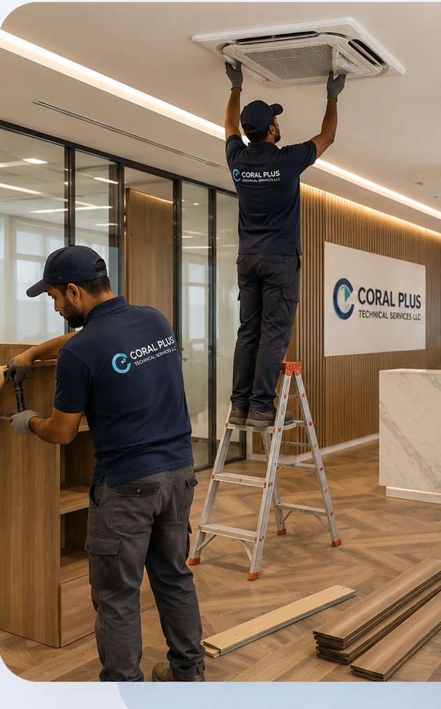 Coral Plus technicians carrying out technical services in a modern Dubai interior